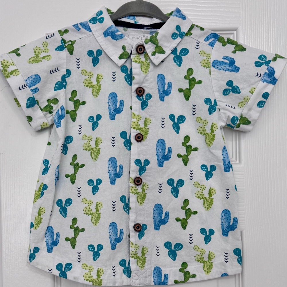 Mud Pie White Button-Down Shirt with Blue & Green Cactus Print
